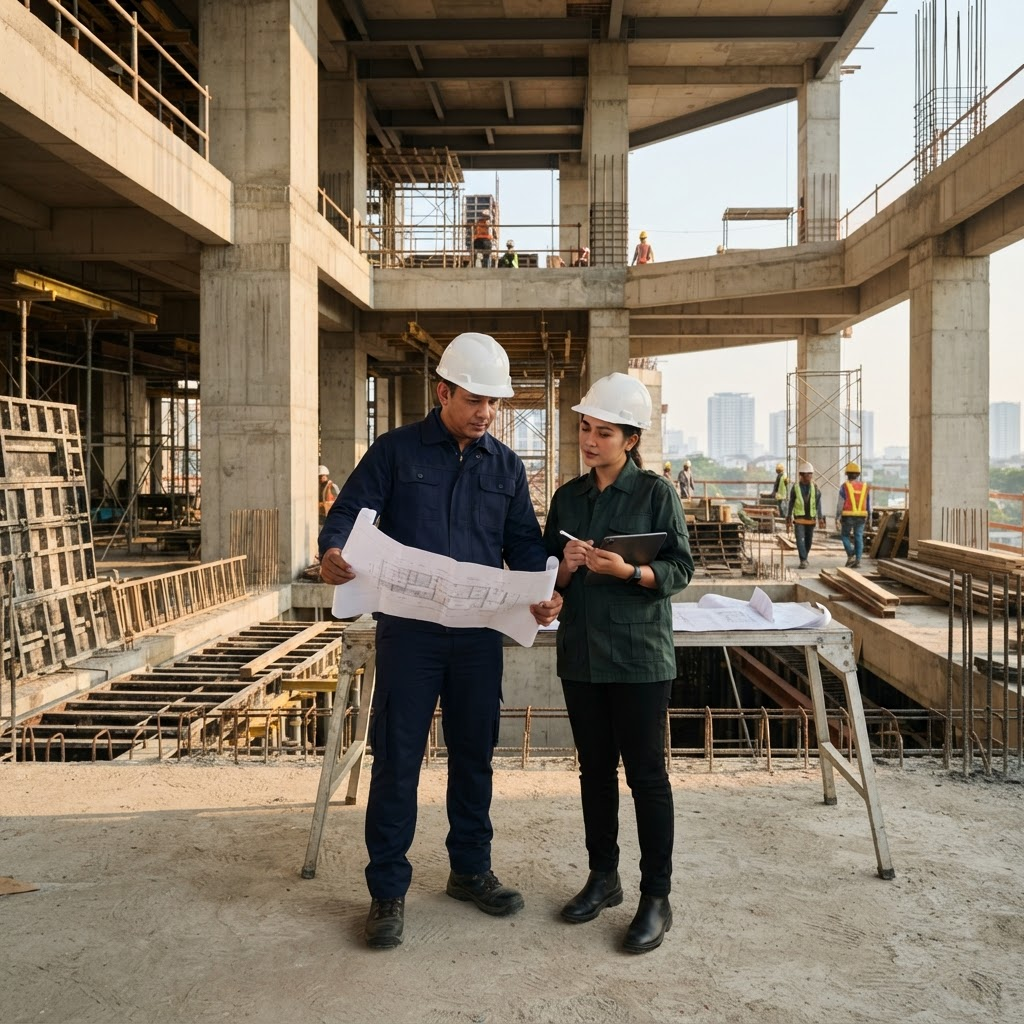 Arsitek dan project manager meninjau gambar kerja di lokasi proyek